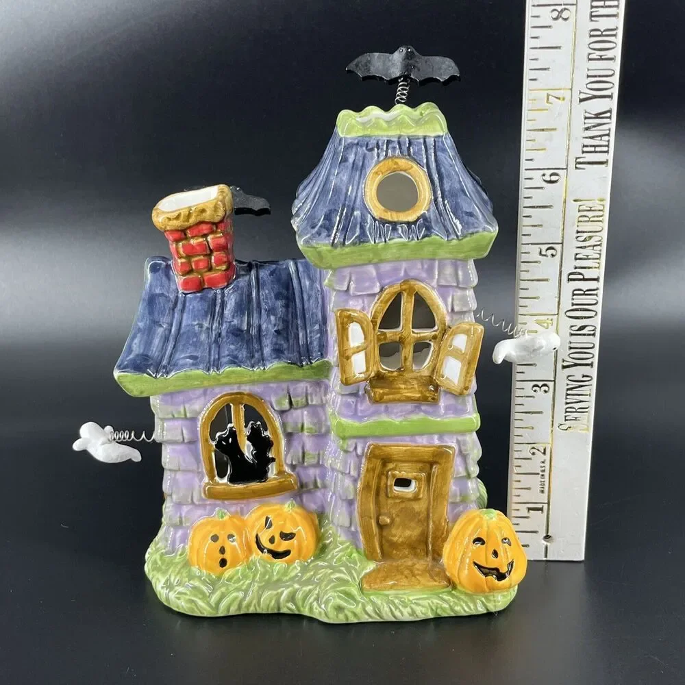 Vintage Ceramic Haunted House Candle Holder Ghost Bat Jack-O-Lanterns Halloween - Picture 6 of 13